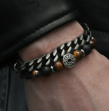 2 pc set -Tiger Eye & Lava Bead + Stainless Steel Cuban Chain Men's POWER Bracelets